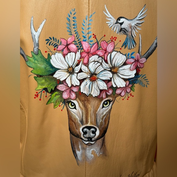 Terry Lewis Handpainted deer buttery soft tan pleated leather jacket sz MD OOAK - Picture 7 of 15